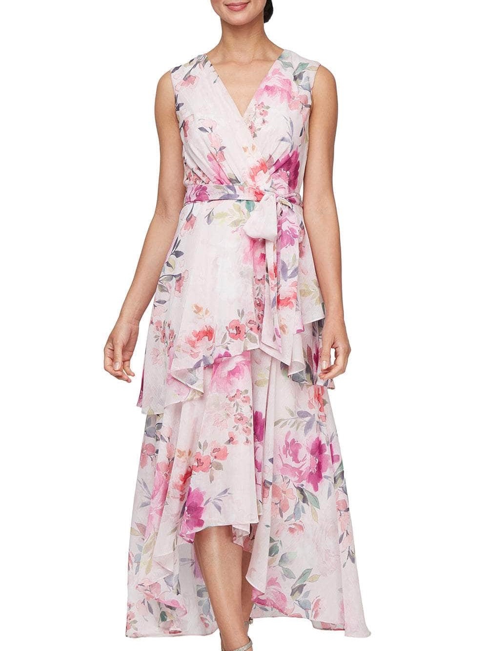 SLNY Pink Floral High-Low dress with tie waist